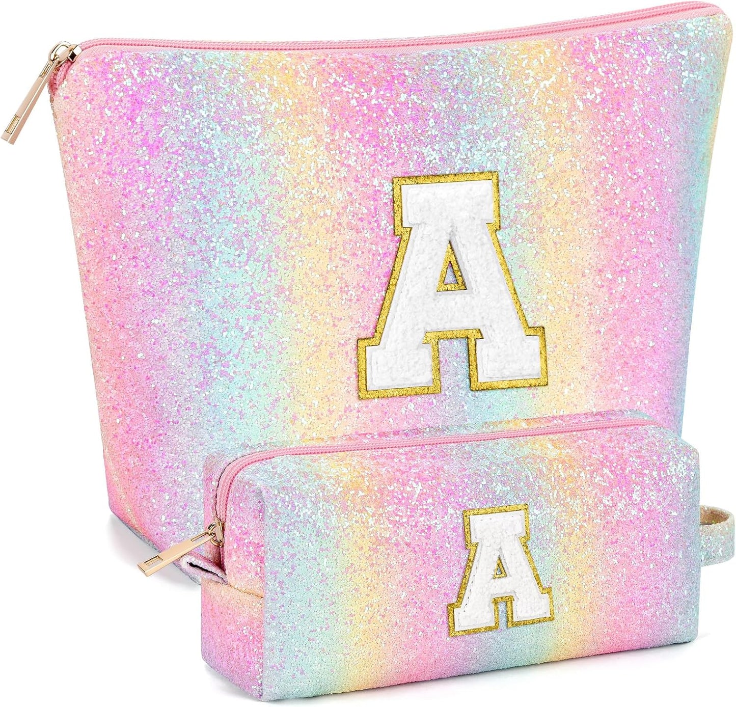 2 PCS Initial Makeup Bags for Women: Cosmetic Bag for Travel Toiletry - Birthday Gifts for 11 12 13 14 15 16 17 18 Years Old Girl Graduation Teacher Gift- Teen Girl Gifts Trendy Stuff - Yellow A