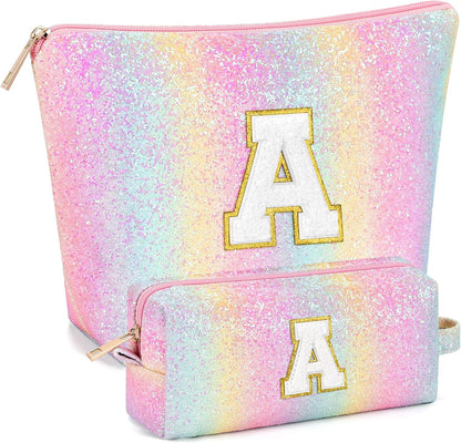 2 PCS Initial Makeup Bags for Women: Cosmetic Bag for Travel Toiletry - Birthday Gifts for 11 12 13 14 15 16 17 18 Years Old Girl Graduation Teacher Gift- Teen Girl Gifts Trendy Stuff - Yellow A