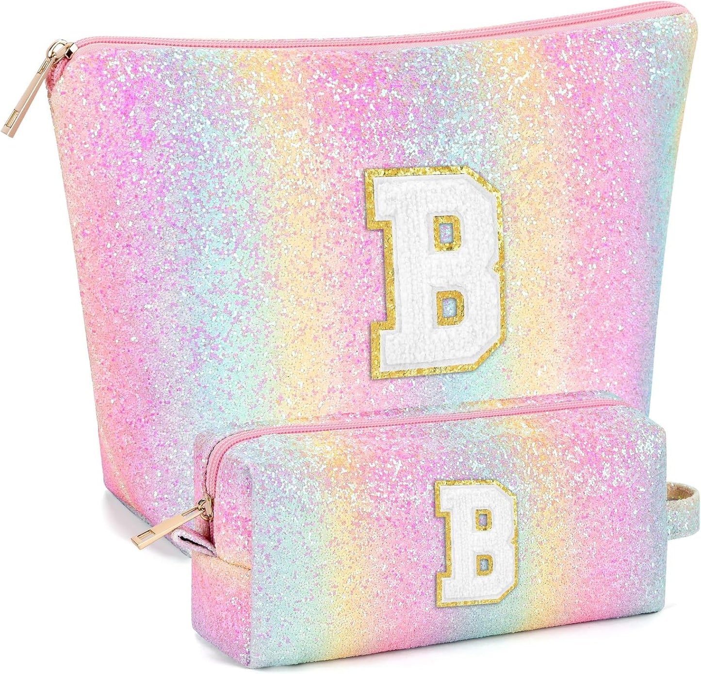 2 PCS Initial Makeup Bags for Women: Cosmetic Bag for Travel Toiletry - Birthday Gifts for 11 12 13 14 15 16 17 18 Years Old Girl Graduation Teacher Gift- Teen Girl Gifts Trendy Stuff - Yellow A