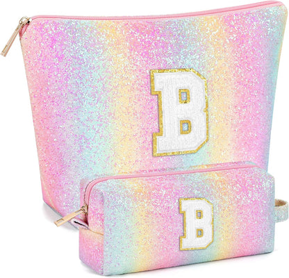 2 PCS Initial Makeup Bags for Women: Cosmetic Bag for Travel Toiletry - Birthday Gifts for 11 12 13 14 15 16 17 18 Years Old Girl Graduation Teacher Gift- Teen Girl Gifts Trendy Stuff - Yellow A