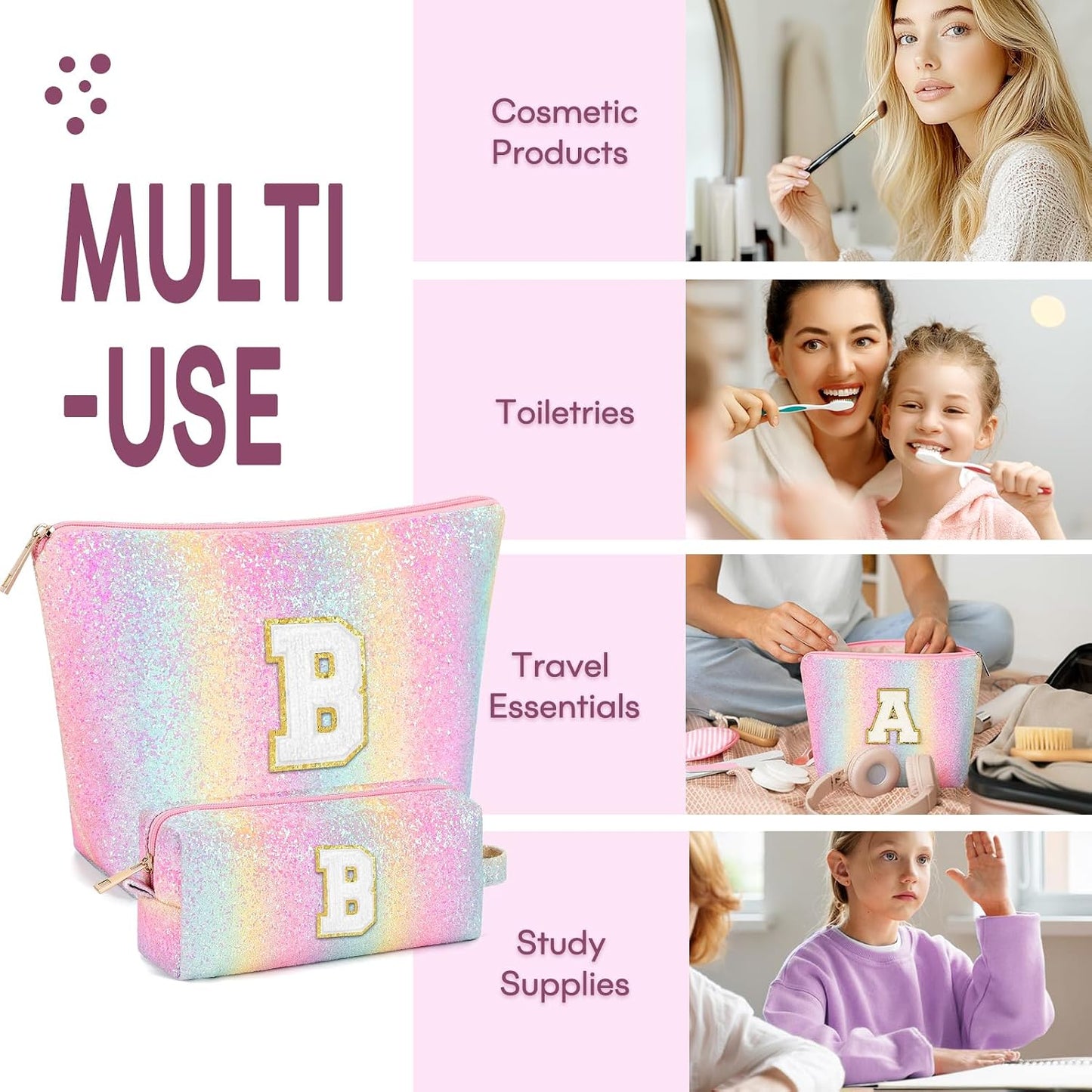 2 PCS Initial Makeup Bags for Women: Cosmetic Bag for Travel Toiletry - Birthday Gifts for 11 12 13 14 15 16 17 18 Years Old Girl Graduation Teacher Gift- Teen Girl Gifts Trendy Stuff - Yellow A