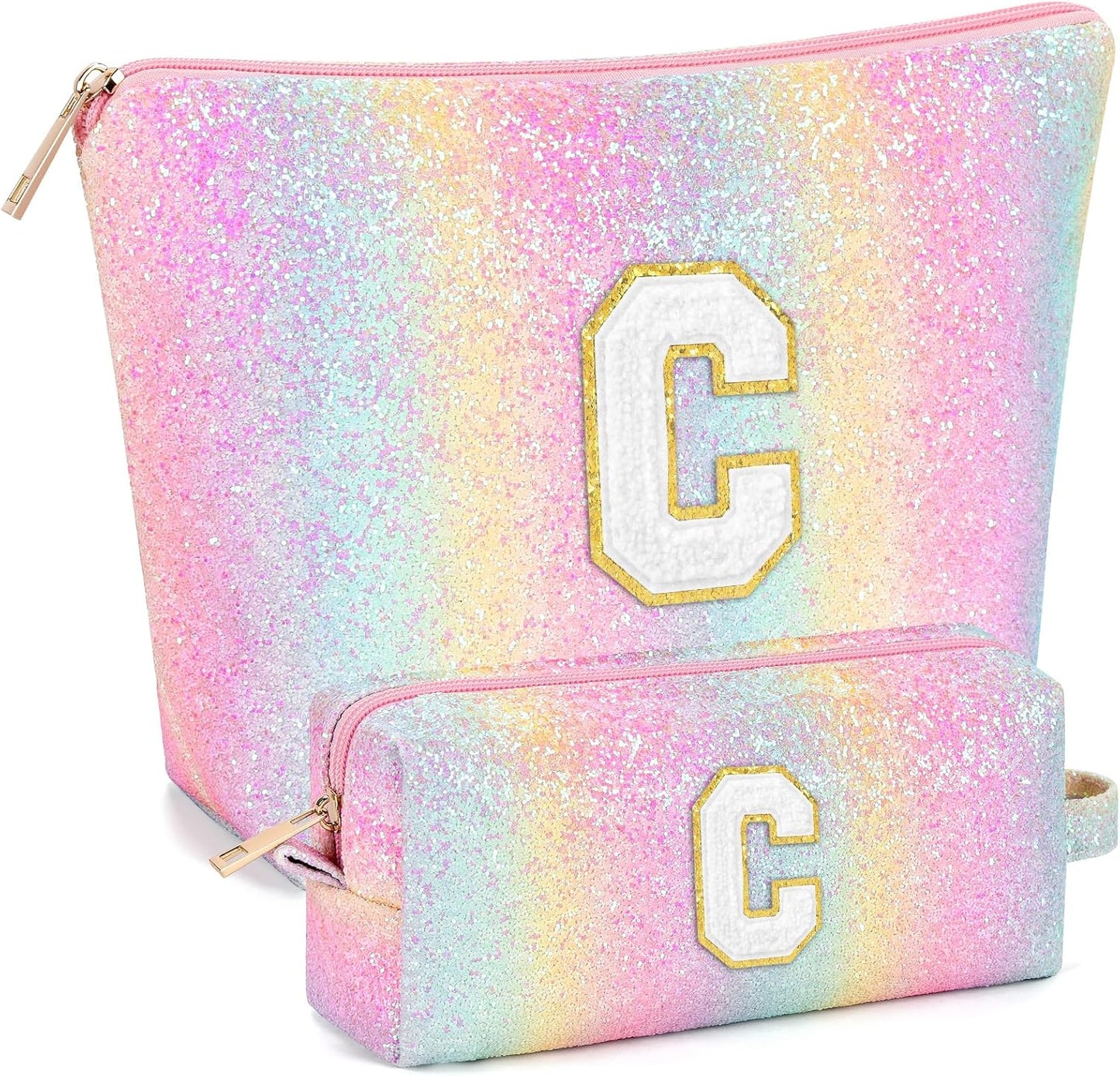 2 PCS Initial Makeup Bags for Women: Cosmetic Bag for Travel Toiletry - Birthday Gifts for 11 12 13 14 15 16 17 18 Years Old Girl Graduation Teacher Gift- Teen Girl Gifts Trendy Stuff - Yellow A