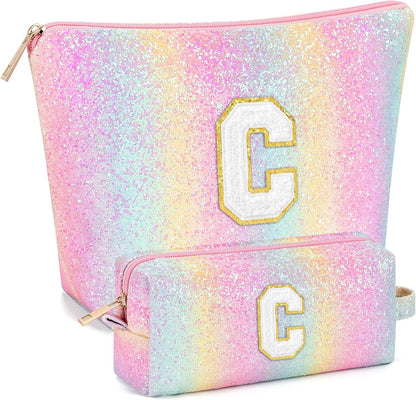 2 PCS Initial Makeup Bags for Women: Cosmetic Bag for Travel Toiletry - Birthday Gifts for 11 12 13 14 15 16 17 18 Years Old Girl Graduation Teacher Gift- Teen Girl Gifts Trendy Stuff - Yellow A