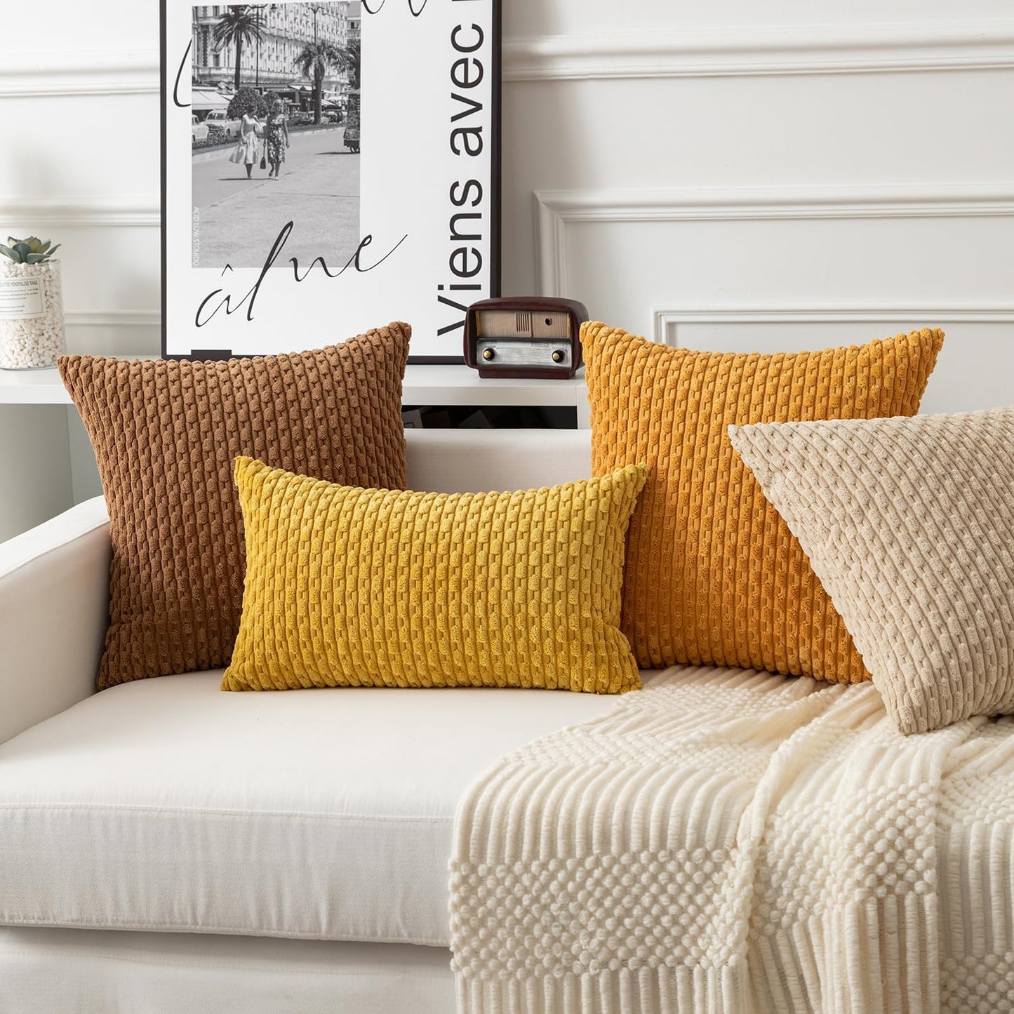 Soft Corduroy 14"x24" Pillow Cover 1 Pack, Mustard Yellow | Boho Stripe Plush Corduroy Decorative Oblong Cushion Cover Modern Farmhouse Home Decor for Sofa Couch Bed Chair