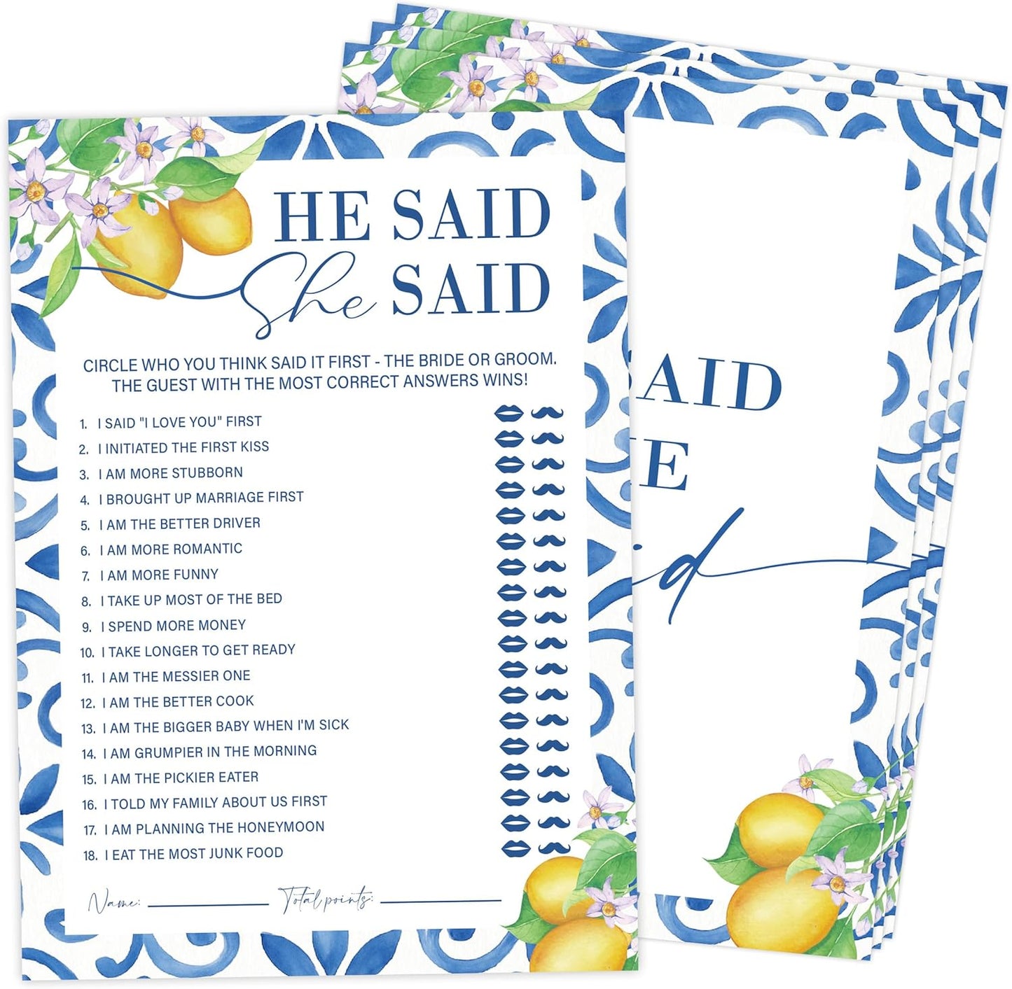 Mediterranean Lemon He Said She Said Bridal Shower Game, Pack of 30 Game Cards, Bridal Shower Decorations, Wedding Engagement Decor, Bachelorette Party Supplies - KR28