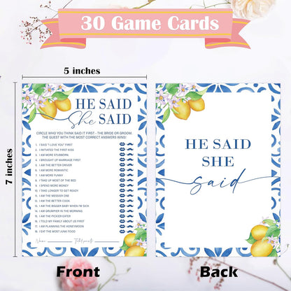 Mediterranean Lemon He Said She Said Bridal Shower Game, Pack of 30 Game Cards, Bridal Shower Decorations, Wedding Engagement Decor, Bachelorette Party Supplies - KR28