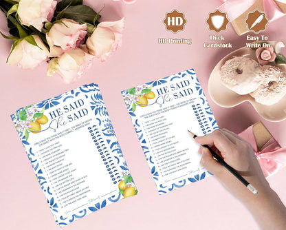 Mediterranean Lemon He Said She Said Bridal Shower Game, Pack of 30 Game Cards, Bridal Shower Decorations, Wedding Engagement Decor, Bachelorette Party Supplies - KR28