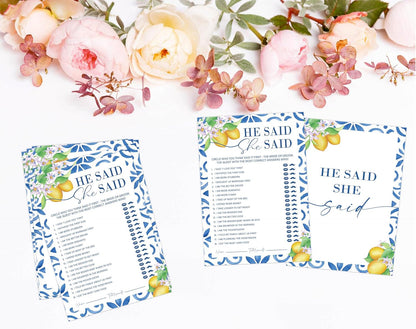 Mediterranean Lemon He Said She Said Bridal Shower Game, Pack of 30 Game Cards, Bridal Shower Decorations, Wedding Engagement Decor, Bachelorette Party Supplies - KR28