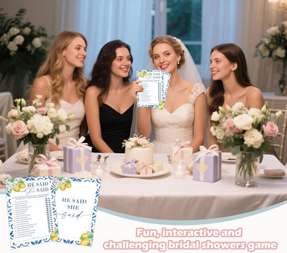 Mediterranean Lemon He Said She Said Bridal Shower Game, Pack of 30 Game Cards, Bridal Shower Decorations, Wedding Engagement Decor, Bachelorette Party Supplies - KR28