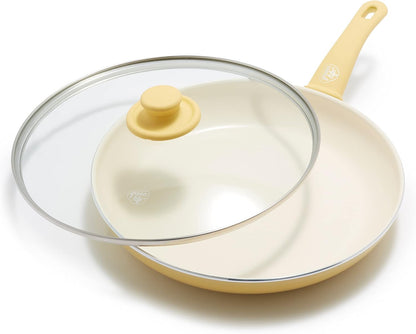 Soft Grip Healthy Ceramic Nonstick, 12" Frying Pan Skillet with Lid, PFAS-Free, Dishwasher Safe, Yellow