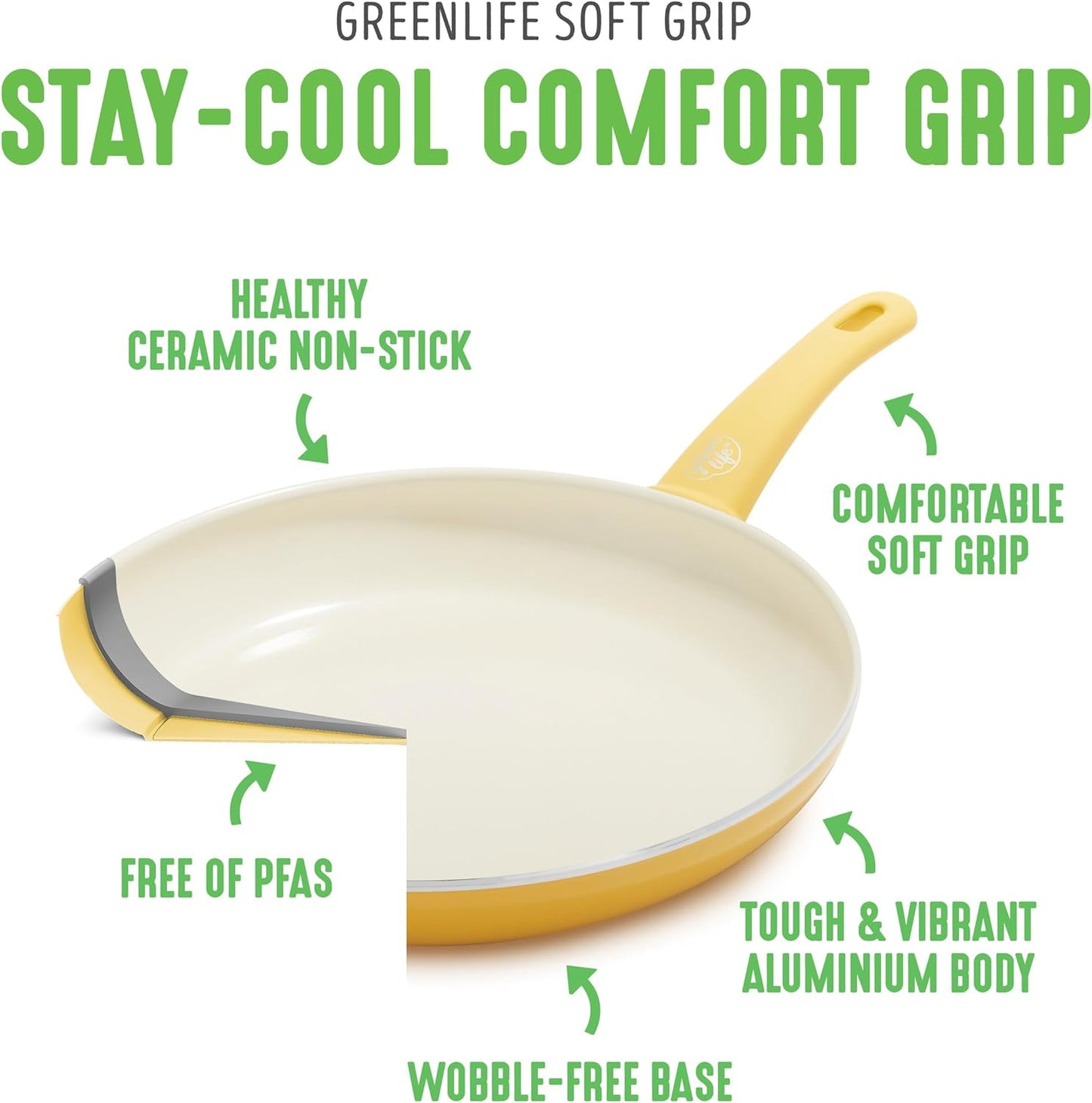 Soft Grip Healthy Ceramic Nonstick, 12" Frying Pan Skillet with Lid, PFAS-Free, Dishwasher Safe, Yellow