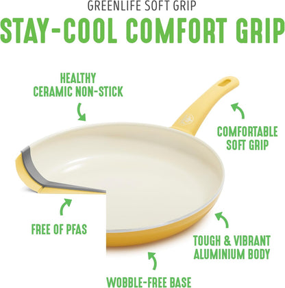 Soft Grip Healthy Ceramic Nonstick, 12" Frying Pan Skillet with Lid, PFAS-Free, Dishwasher Safe, Yellow