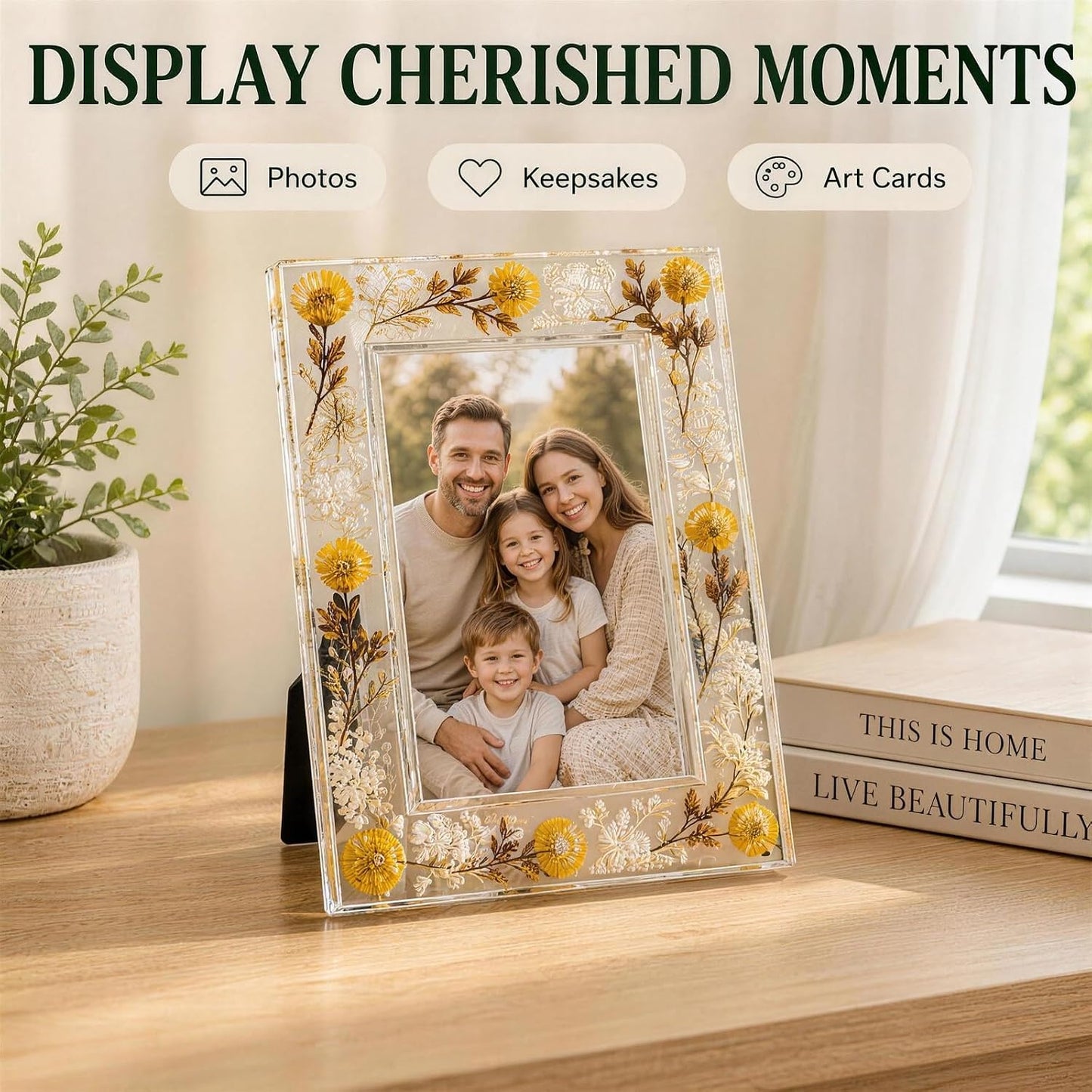 4x6 picture frame, botanical photo frame, pressed flower acrylic frame with dried flowers, decorative tabletop keepsake for home decor