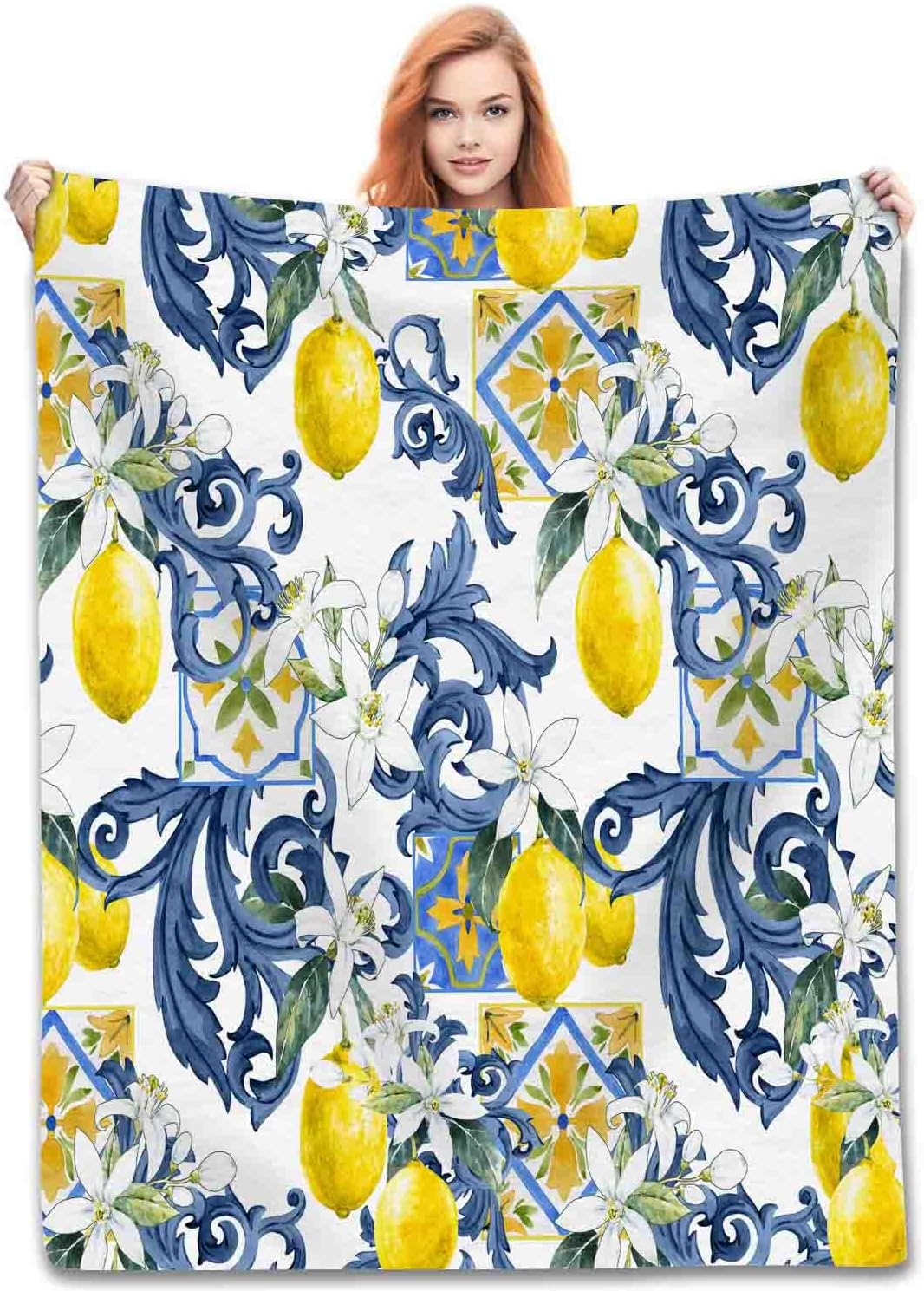 Yellow Lemon Throw Blanket, Vintage Retro Summer Fruit Blue Tile White Floral Boho Fleece Fuzzy Fannel Blankets for Sofa Bed Chair Couch Bedroon Living Room Girls Woman Gifts, 30"x40" Inch
