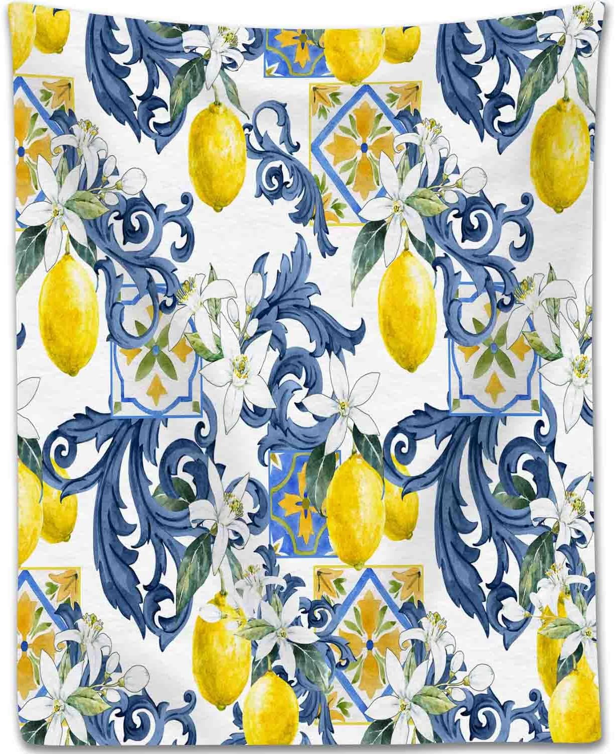 Yellow Lemon Throw Blanket, Vintage Retro Summer Fruit Blue Tile White Floral Boho Fleece Fuzzy Fannel Blankets for Sofa Bed Chair Couch Bedroon Living Room Girls Woman Gifts, 30"x40" Inch