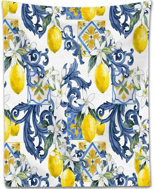 Yellow Lemon Throw Blanket, Vintage Retro Summer Fruit Blue Tile White Floral Boho Fleece Fuzzy Fannel Blankets for Sofa Bed Chair Couch Bedroon Living Room Girls Woman Gifts, 30"x40" Inch
