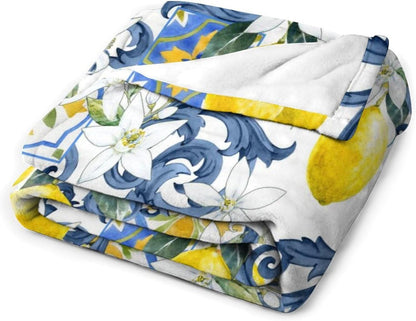 Yellow Lemon Throw Blanket, Vintage Retro Summer Fruit Blue Tile White Floral Boho Fleece Fuzzy Fannel Blankets for Sofa Bed Chair Couch Bedroon Living Room Girls Woman Gifts, 30"x40" Inch