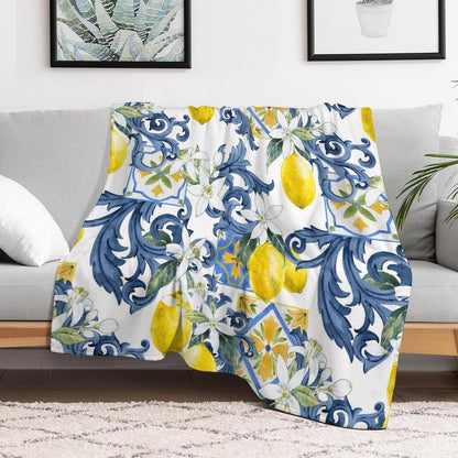 Yellow Lemon Throw Blanket, Vintage Retro Summer Fruit Blue Tile White Floral Boho Fleece Fuzzy Fannel Blankets for Sofa Bed Chair Couch Bedroon Living Room Girls Woman Gifts, 30"x40" Inch