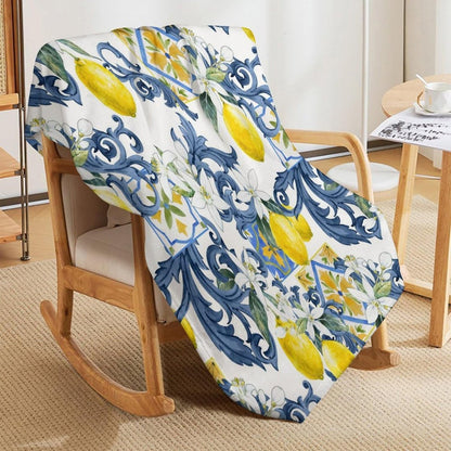 Yellow Lemon Throw Blanket, Vintage Retro Summer Fruit Blue Tile White Floral Boho Fleece Fuzzy Fannel Blankets for Sofa Bed Chair Couch Bedroon Living Room Girls Woman Gifts, 30"x40" Inch