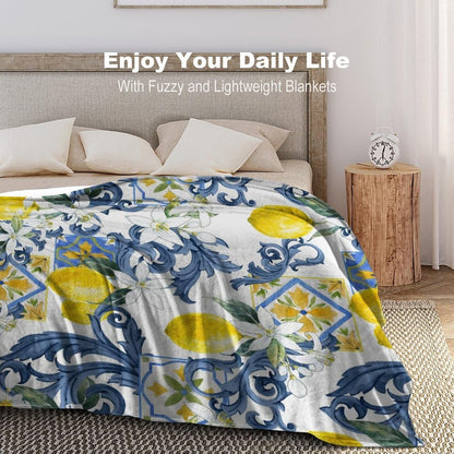 Yellow Lemon Throw Blanket, Vintage Retro Summer Fruit Blue Tile White Floral Boho Fleece Fuzzy Fannel Blankets for Sofa Bed Chair Couch Bedroon Living Room Girls Woman Gifts, 30"x40" Inch