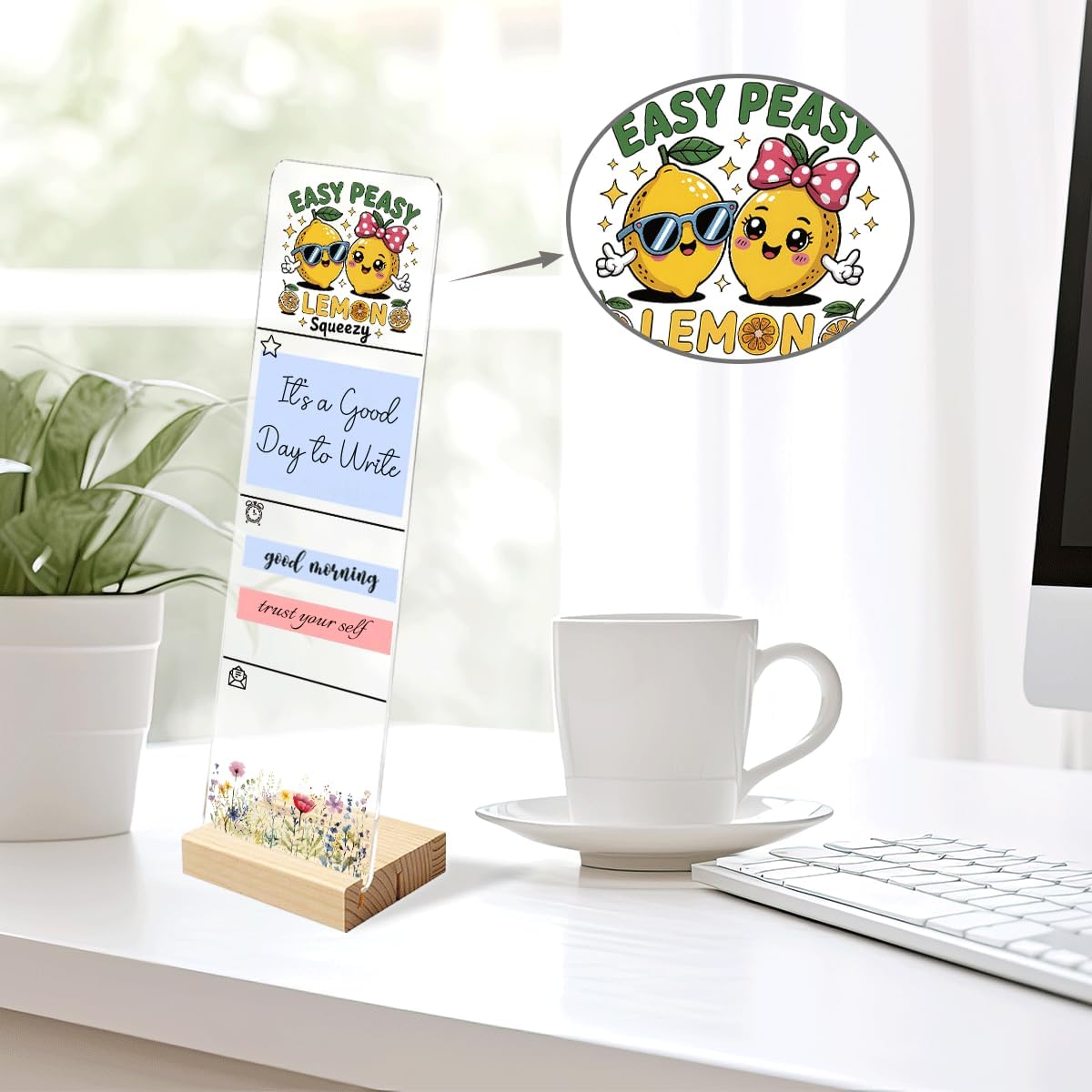 Sticky Note Holder Acrylic Monitor Memo Board Desk Organizers Desk Decor Post It Note Holder Easy Peasy Lemon Squeezy Cute Cartoon Lemon Positive Funny Office Desk Sign