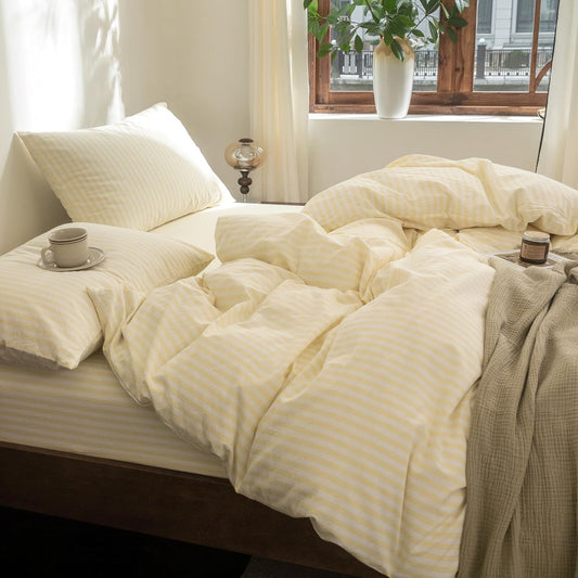 Striped Duvet Cover Set 100% Washed Cotton Linen Feel Super Soft Breathable Cozy 3 Pieces Bedding Sets Pastel Yellow White Classic Stripes Twin