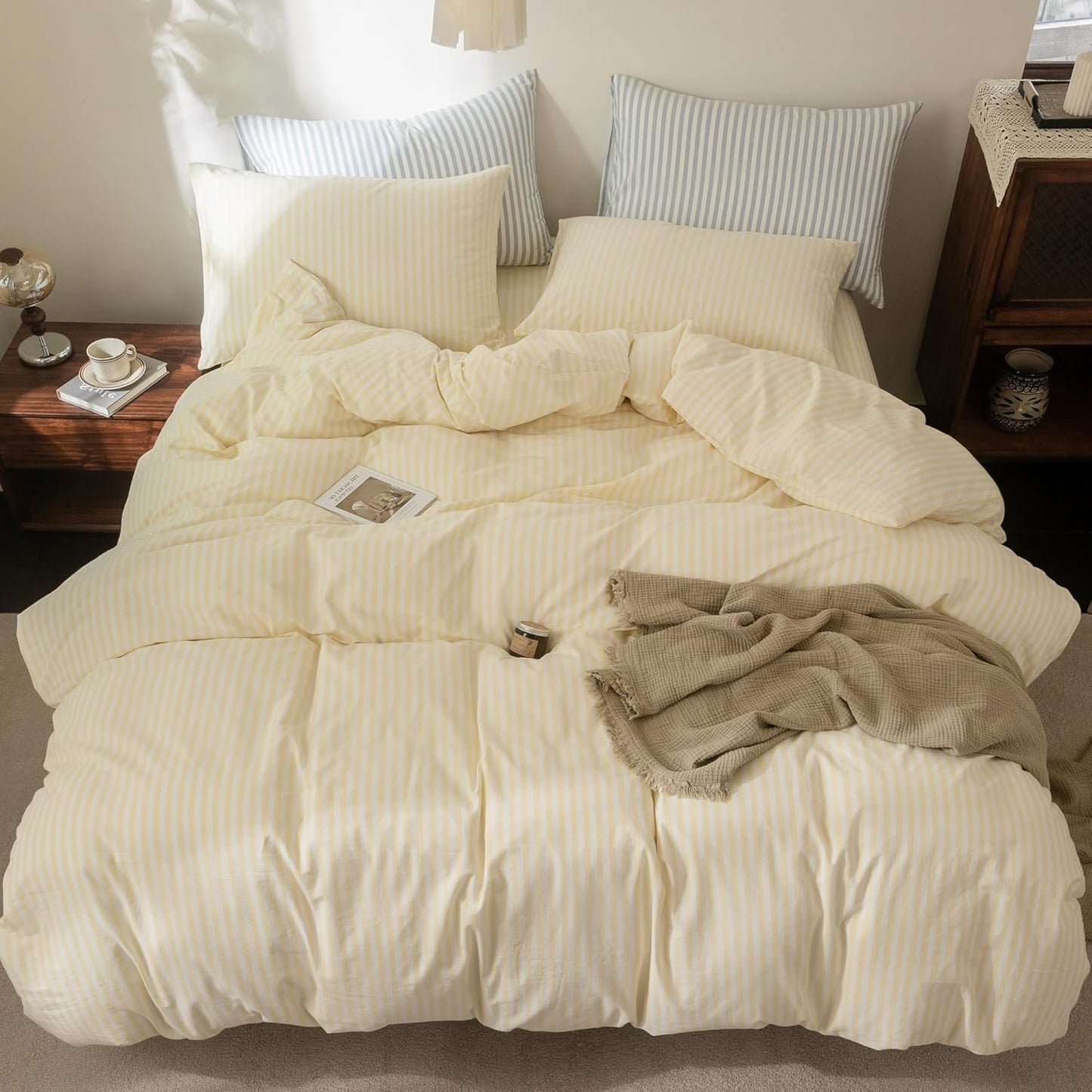 Striped Duvet Cover Set 100% Washed Cotton Linen Feel Super Soft Breathable Cozy 3 Pieces Bedding Sets Pastel Yellow White Classic Stripes Twin
