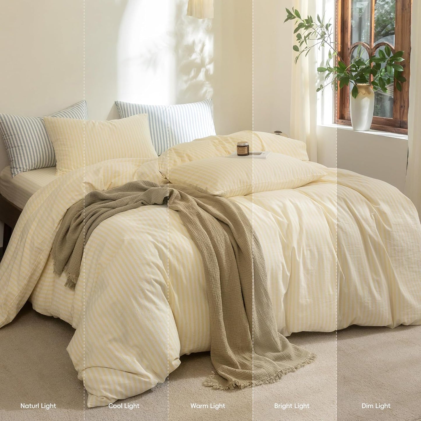 Striped Duvet Cover Set 100% Washed Cotton Linen Feel Super Soft Breathable Cozy 3 Pieces Bedding Sets Pastel Yellow White Classic Stripes Twin
