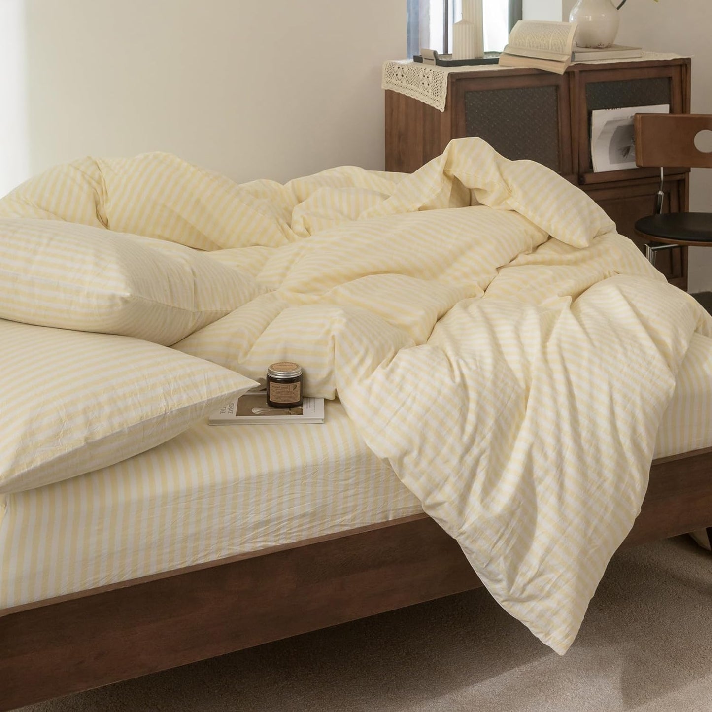 Striped Duvet Cover Set 100% Washed Cotton Linen Feel Super Soft Breathable Cozy 3 Pieces Bedding Sets Pastel Yellow White Classic Stripes Twin