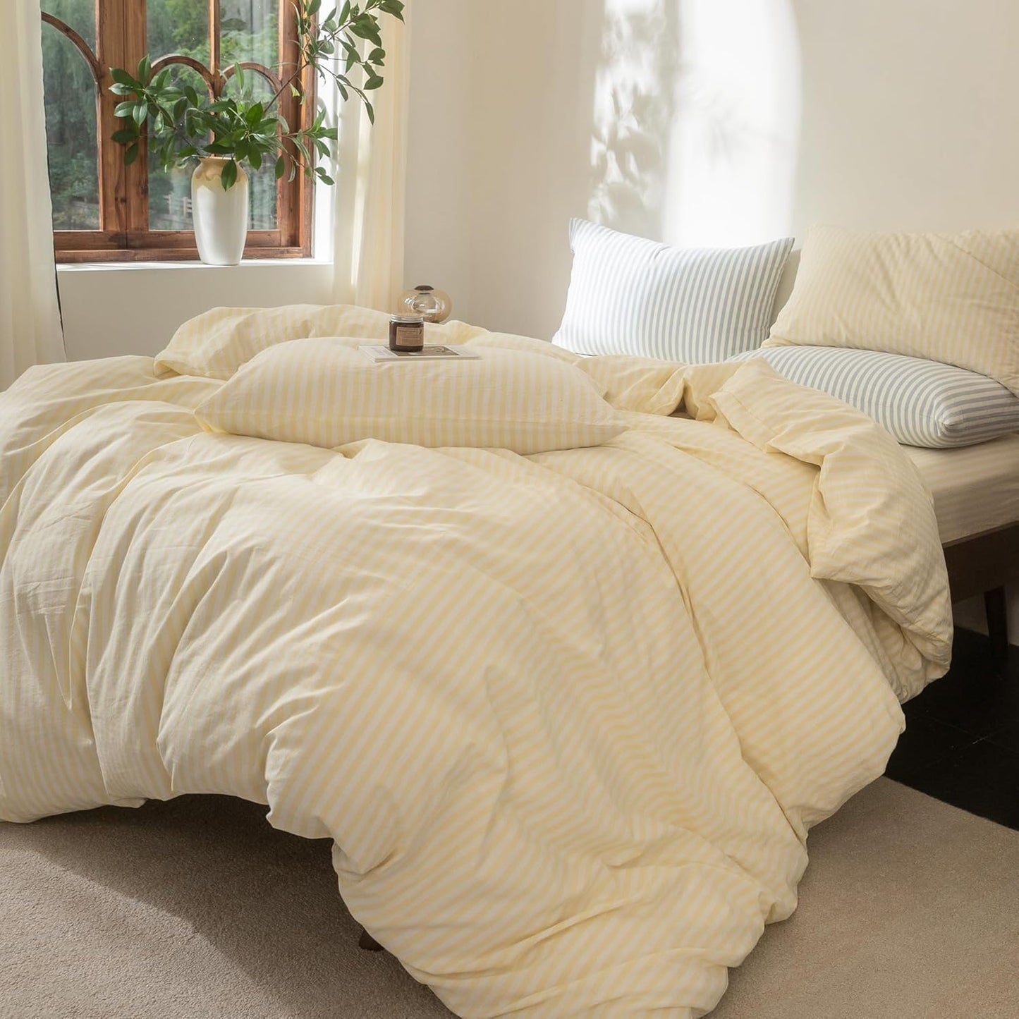 Striped Duvet Cover Set 100% Washed Cotton Linen Feel Super Soft Breathable Cozy 3 Pieces Bedding Sets Pastel Yellow White Classic Stripes Twin