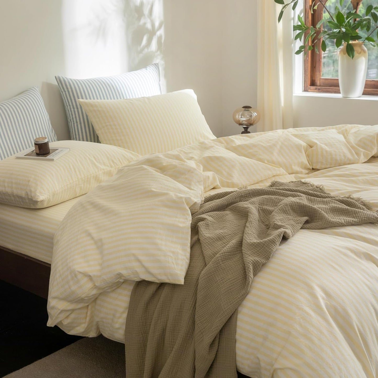 Striped Duvet Cover Set 100% Washed Cotton Linen Feel Super Soft Breathable Cozy 3 Pieces Bedding Sets Pastel Yellow White Classic Stripes Twin