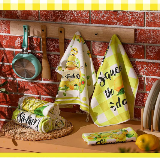 6 Pcs Lemon Kitchen Towels Summer Dish Beach Cloth Tea Towel Hello Lemons Nautical Kitchen Hand Tea Towels, Housewarming Gift for Home