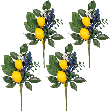 4 Packs Picks with Artificial Lemons Spring Summer Decor | Faux Fruit Lemons Blueberries Eucalyptus Leaves Branches For Vases Table Centerpieces Home Kitchen Decor-12''