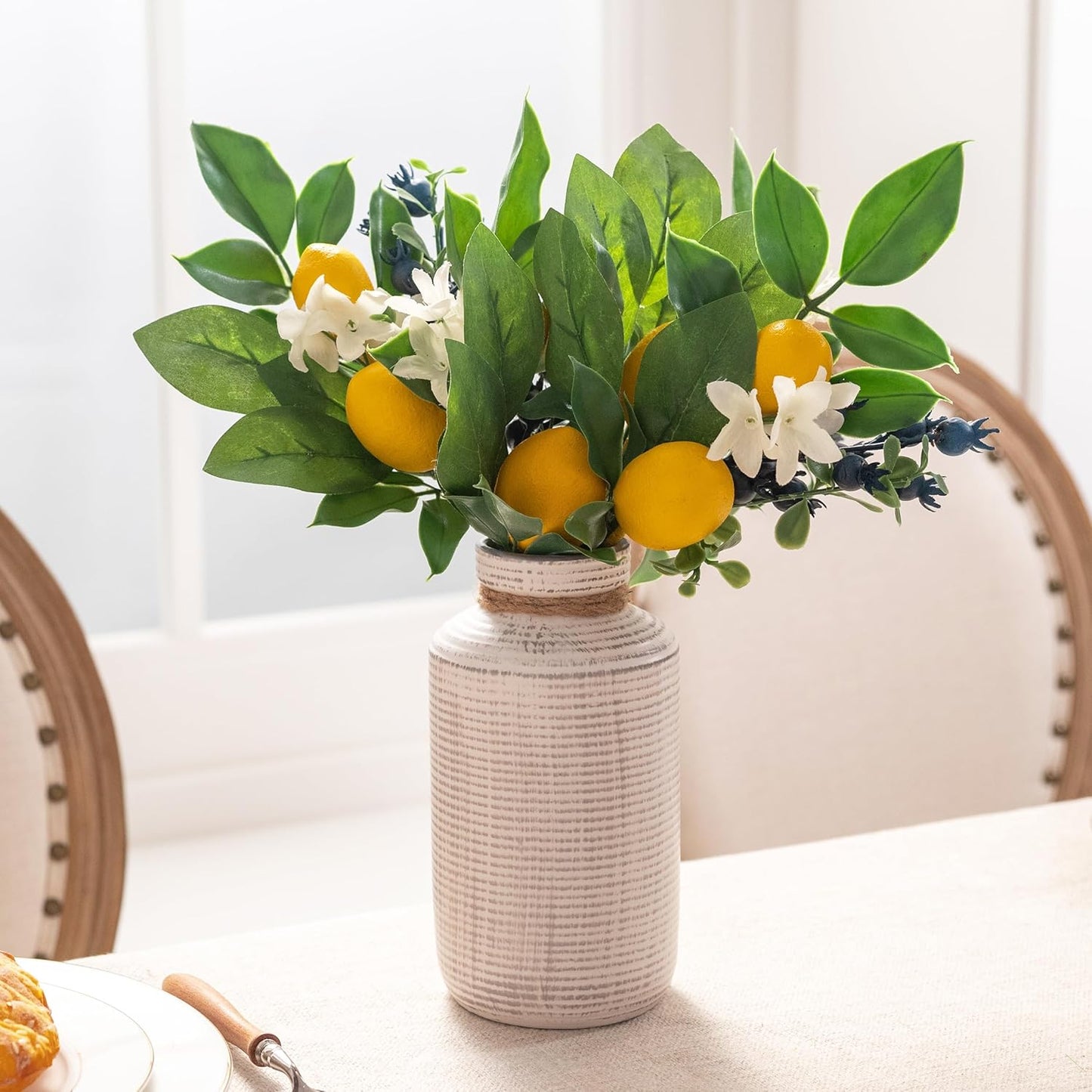 4 Packs Picks with Artificial Lemons Spring Summer Decor | Faux Fruit Lemons Blueberries Eucalyptus Leaves Branches For Vases Table Centerpieces Home Kitchen Decor-12''