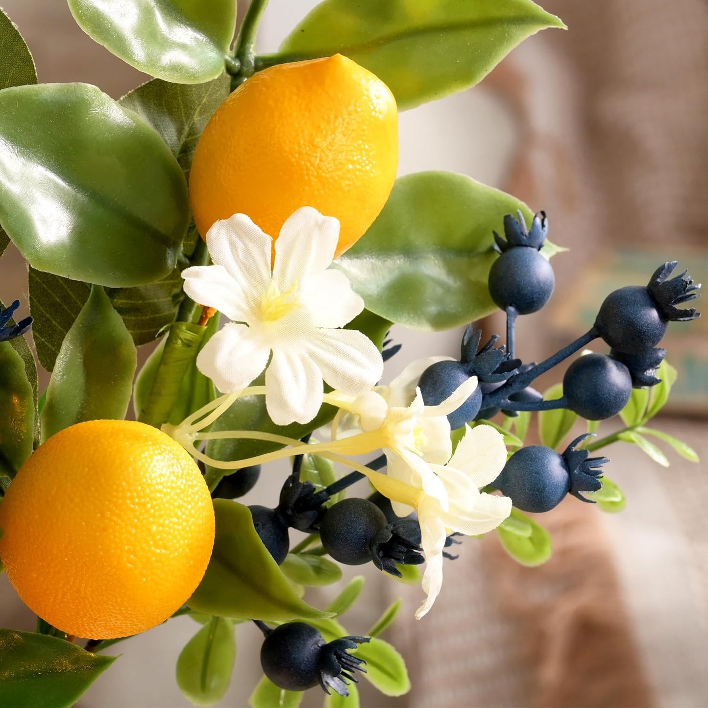 4 Packs Picks with Artificial Lemons Spring Summer Decor | Faux Fruit Lemons Blueberries Eucalyptus Leaves Branches For Vases Table Centerpieces Home Kitchen Decor-12''