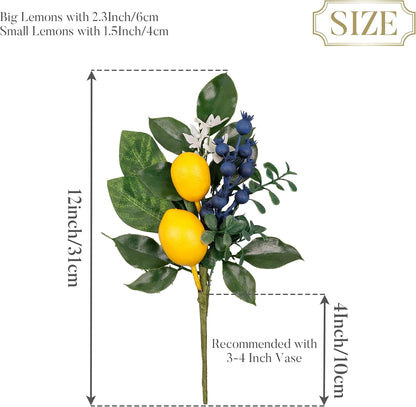 4 Packs Picks with Artificial Lemons Spring Summer Decor | Faux Fruit Lemons Blueberries Eucalyptus Leaves Branches For Vases Table Centerpieces Home Kitchen Decor-12''