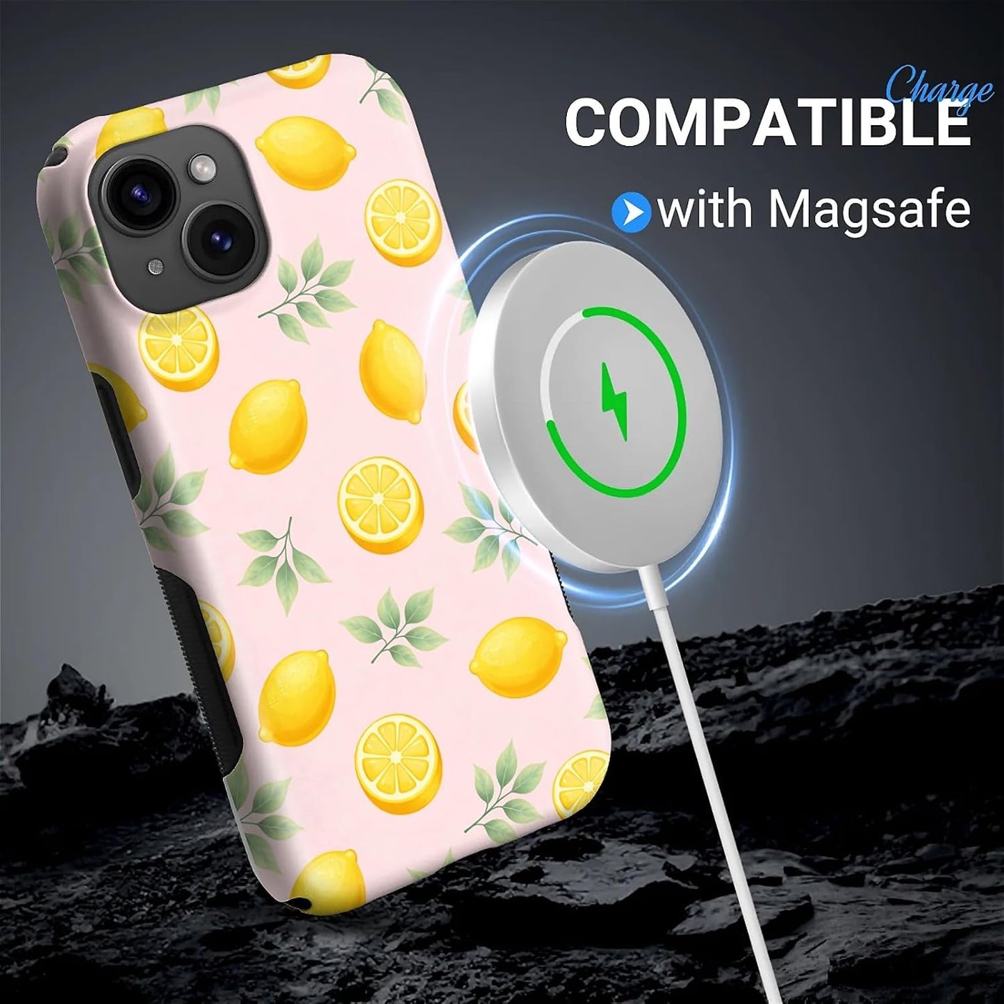 for iPhone 15 Case for Women Girl Men Boy, Compatible with MagSafe, Shockproof Soft Silicone & Hard PC Shell Protective Case for iPhone 15 - Cute Summer Fresh Lemon
