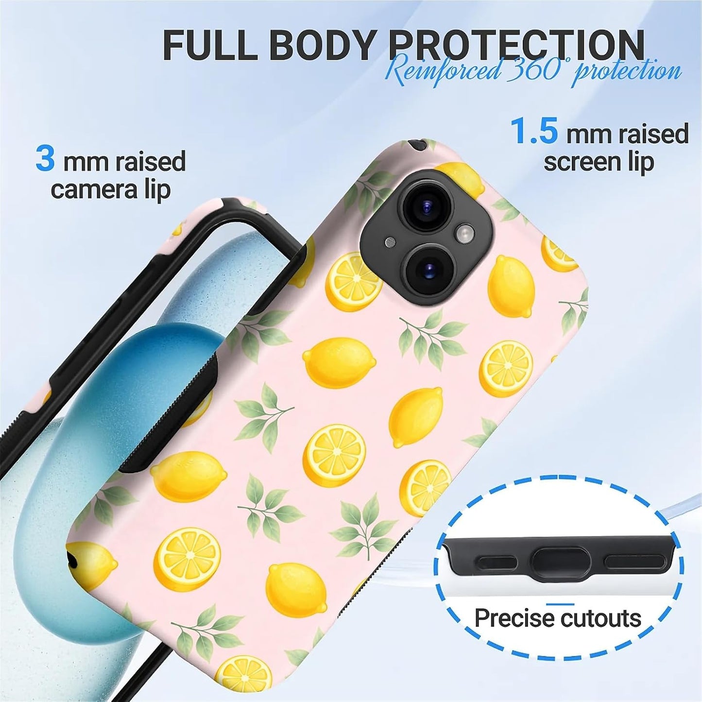 for iPhone 15 Case for Women Girl Men Boy, Compatible with MagSafe, Shockproof Soft Silicone & Hard PC Shell Protective Case for iPhone 15 - Cute Summer Fresh Lemon