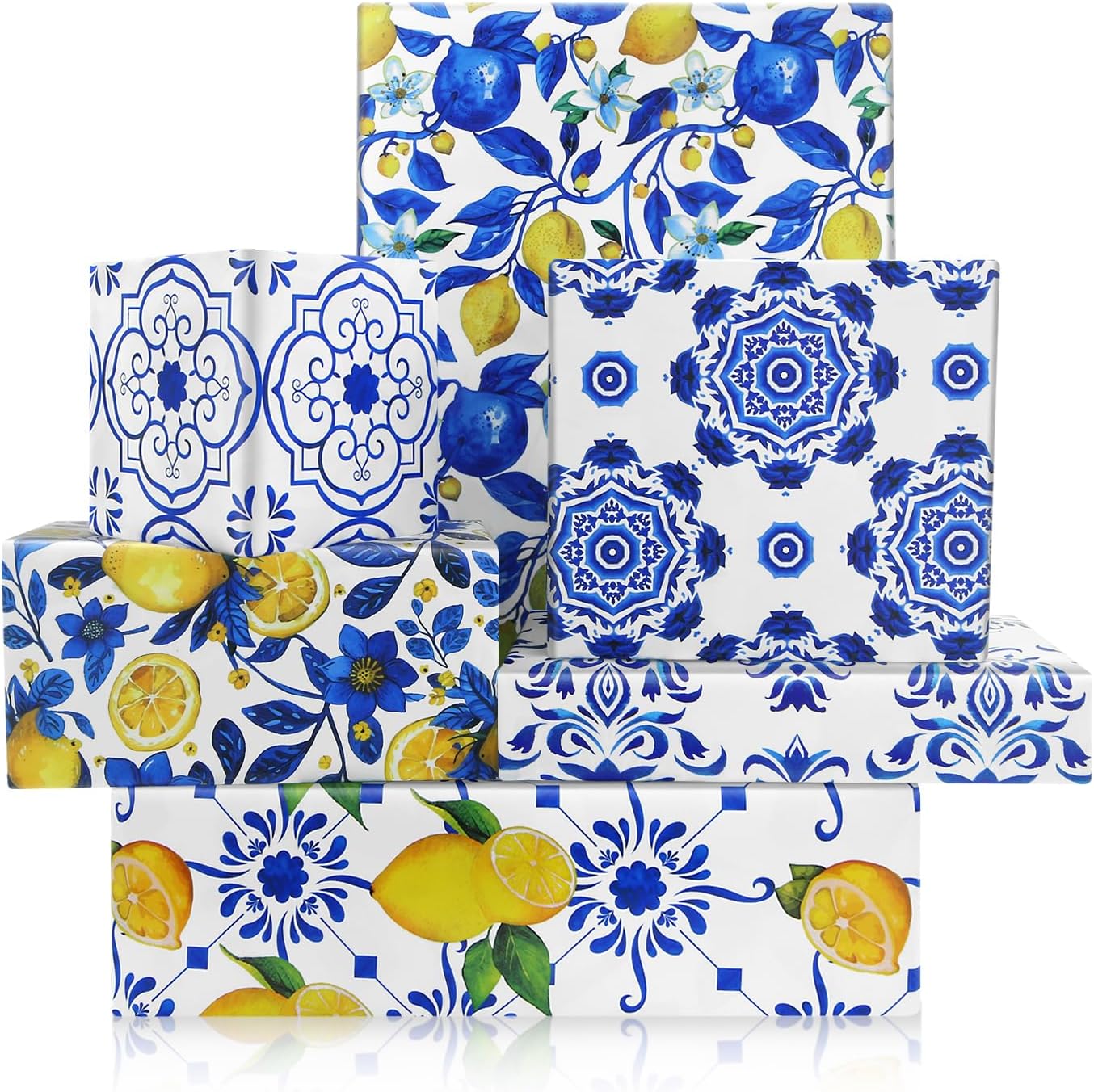 Yellow Lemon and Blue White Floral Citrus Wrapping Paper, 6 Foled Flat Sheets in 6 Designs 23 sq. ft. ttl. ,Moroccan Blue Tiles Gift Wrap for Women Girls Wedding Spring Summer Birthday Thanksgiving Party Baby Shower Packaging DIY Art Craft