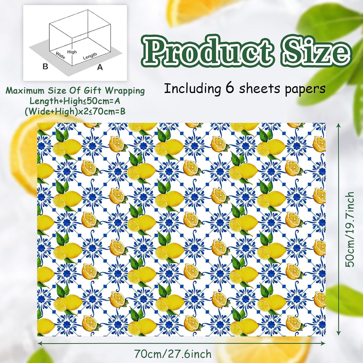 Yellow Lemon and Blue White Floral Citrus Wrapping Paper, 6 Foled Flat Sheets in 6 Designs 23 sq. ft. ttl. ,Moroccan Blue Tiles Gift Wrap for Women Girls Wedding Spring Summer Birthday Thanksgiving Party Baby Shower Packaging DIY Art Craft