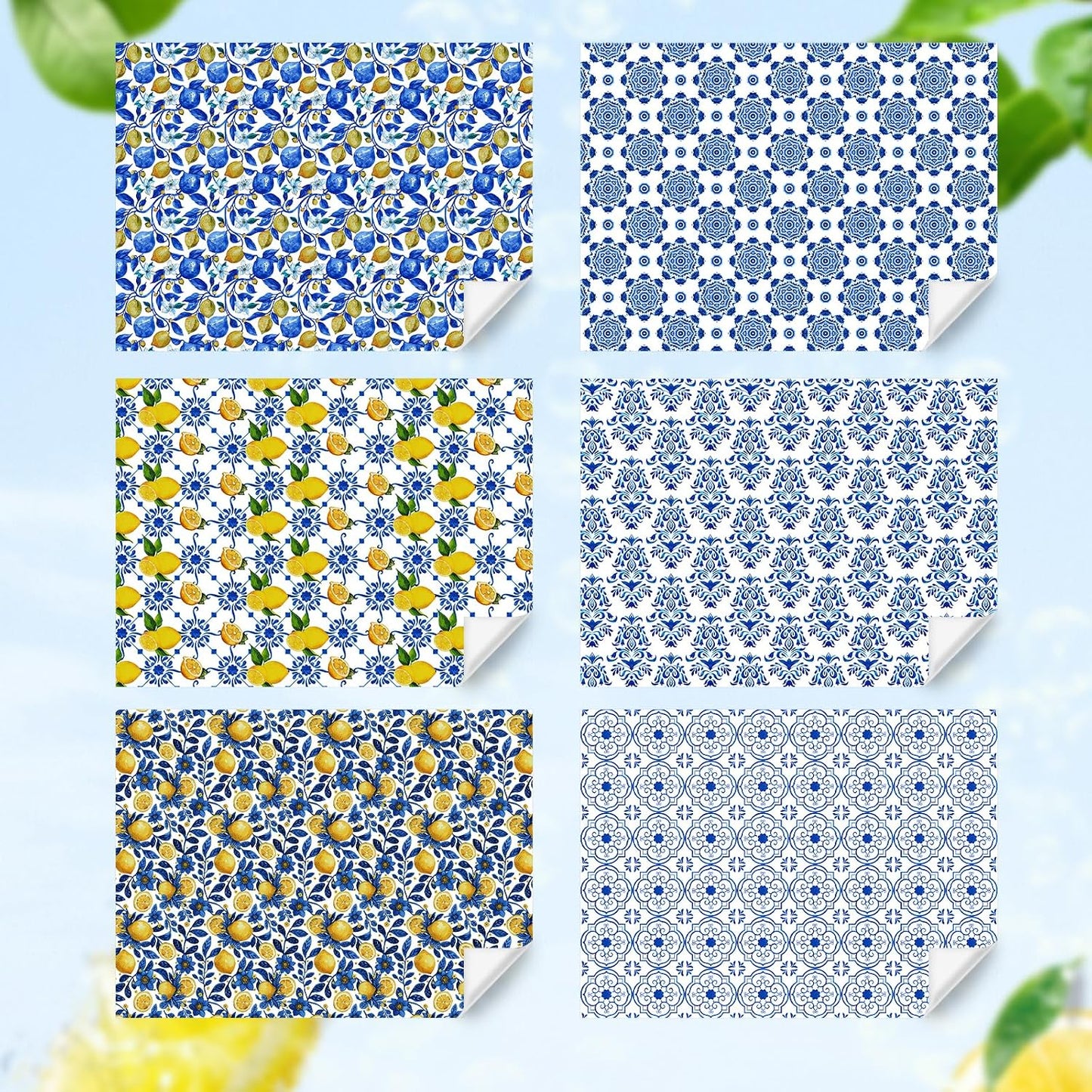 Yellow Lemon and Blue White Floral Citrus Wrapping Paper, 6 Foled Flat Sheets in 6 Designs 23 sq. ft. ttl. ,Moroccan Blue Tiles Gift Wrap for Women Girls Wedding Spring Summer Birthday Thanksgiving Party Baby Shower Packaging DIY Art Craft