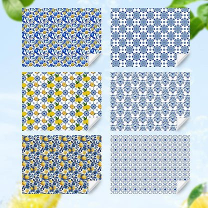 Yellow Lemon and Blue White Floral Citrus Wrapping Paper, 6 Foled Flat Sheets in 6 Designs 23 sq. ft. ttl. ,Moroccan Blue Tiles Gift Wrap for Women Girls Wedding Spring Summer Birthday Thanksgiving Party Baby Shower Packaging DIY Art Craft