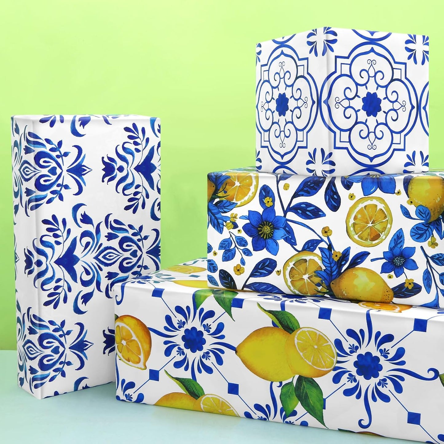 Yellow Lemon and Blue White Floral Citrus Wrapping Paper, 6 Foled Flat Sheets in 6 Designs 23 sq. ft. ttl. ,Moroccan Blue Tiles Gift Wrap for Women Girls Wedding Spring Summer Birthday Thanksgiving Party Baby Shower Packaging DIY Art Craft