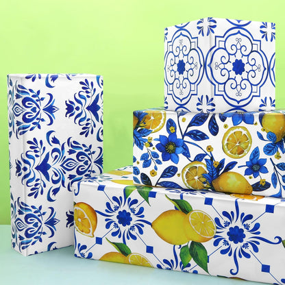 Yellow Lemon and Blue White Floral Citrus Wrapping Paper, 6 Foled Flat Sheets in 6 Designs 23 sq. ft. ttl. ,Moroccan Blue Tiles Gift Wrap for Women Girls Wedding Spring Summer Birthday Thanksgiving Party Baby Shower Packaging DIY Art Craft