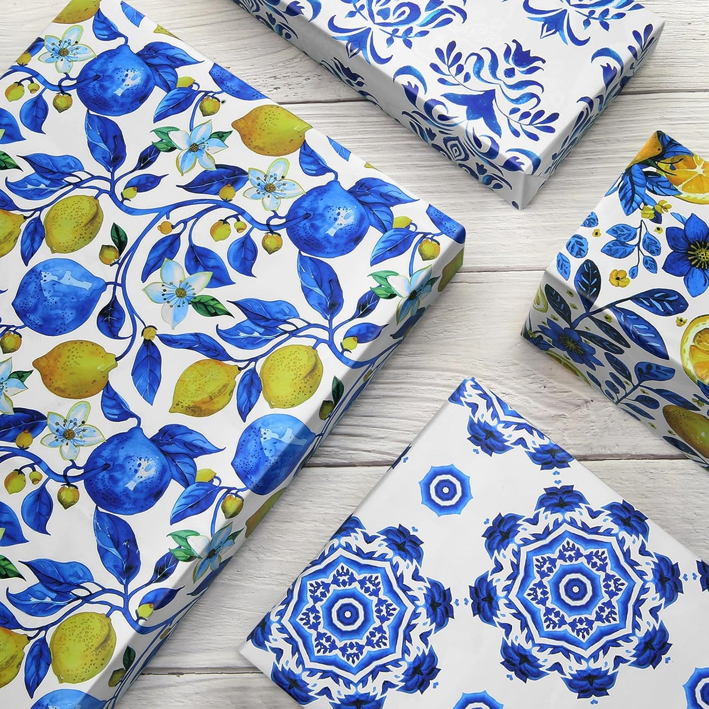 Yellow Lemon and Blue White Floral Citrus Wrapping Paper, 6 Foled Flat Sheets in 6 Designs 23 sq. ft. ttl. ,Moroccan Blue Tiles Gift Wrap for Women Girls Wedding Spring Summer Birthday Thanksgiving Party Baby Shower Packaging DIY Art Craft