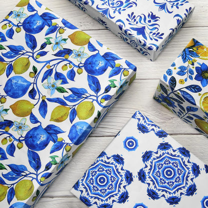 Yellow Lemon and Blue White Floral Citrus Wrapping Paper, 6 Foled Flat Sheets in 6 Designs 23 sq. ft. ttl. ,Moroccan Blue Tiles Gift Wrap for Women Girls Wedding Spring Summer Birthday Thanksgiving Party Baby Shower Packaging DIY Art Craft