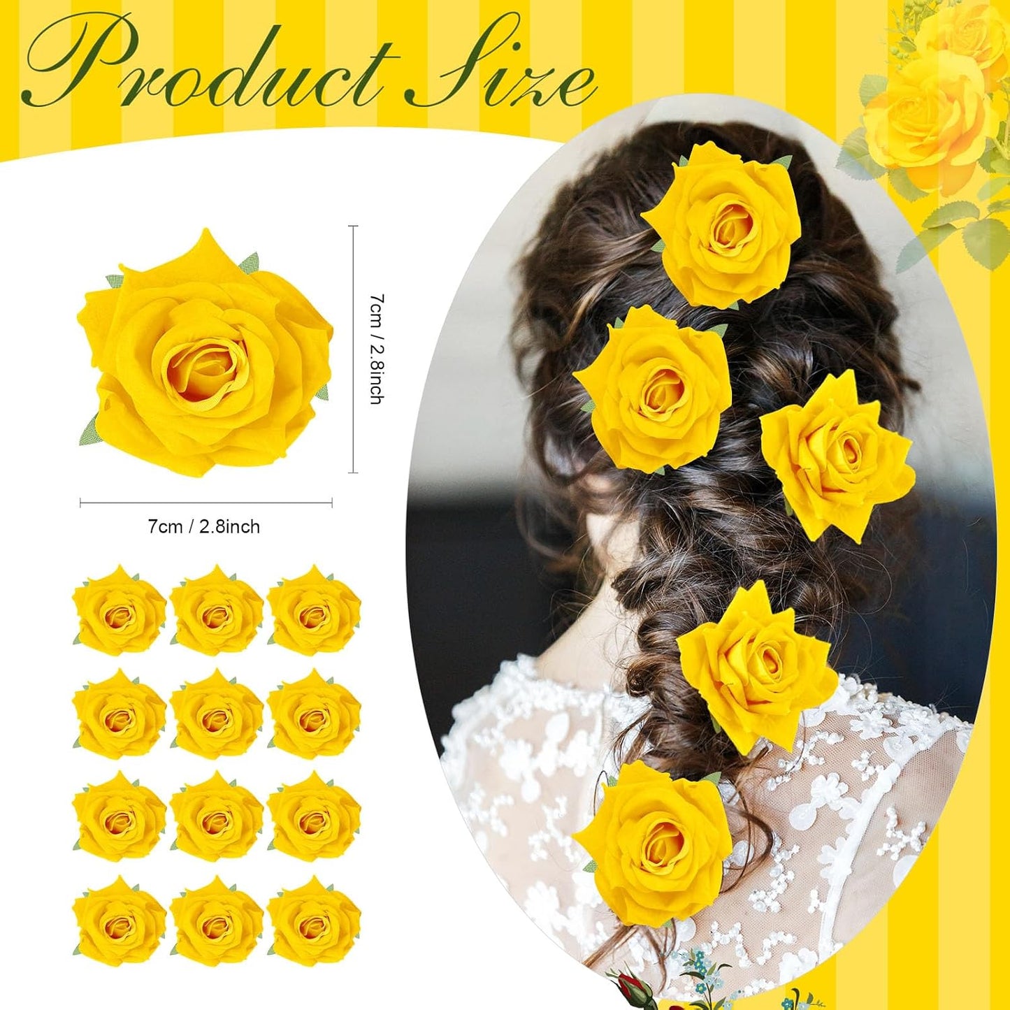 12 Pack Rose Hair Clip Flower 2.8'' Hairpin Floral Brooch Floral Hairclips Mexican Flowers Hairpin Party Supplies for Women Rose Hair Accessories Wedding Pack(Yellow)