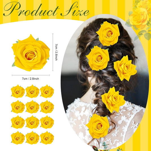 12 Pack Rose Hair Clip Flower 2.8'' Hairpin Floral Brooch Floral Hairclips Mexican Flowers Hairpin Party Supplies for Women Rose Hair Accessories Wedding Pack(Yellow)