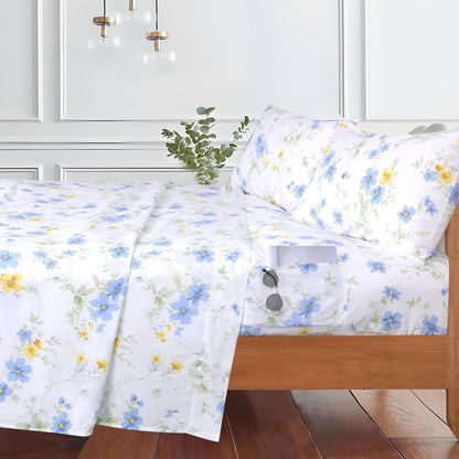 Cotton Sheet Set Floral Queen Blue Yellow Spring Flower Fitted Sheets | White Cotton Sheets with Side Pockets Deep Pockets 16" 4 Pieces Bedding Set Botanical Pattern Printing French Country Oeko