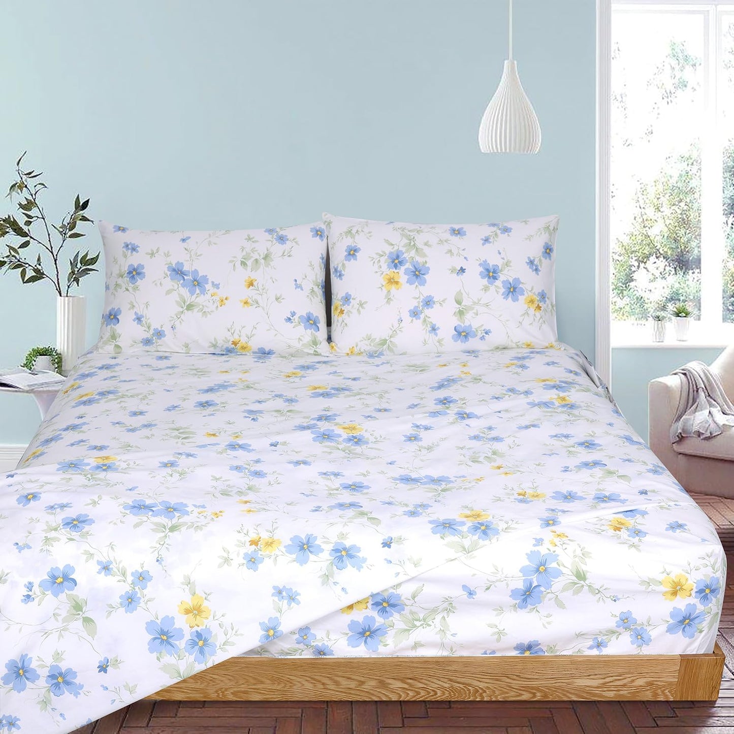 Cotton Sheet Set Floral Queen Blue Yellow Spring Flower Fitted Sheets | White Cotton Sheets with Side Pockets Deep Pockets 16" 4 Pieces Bedding Set Botanical Pattern Printing French Country Oeko